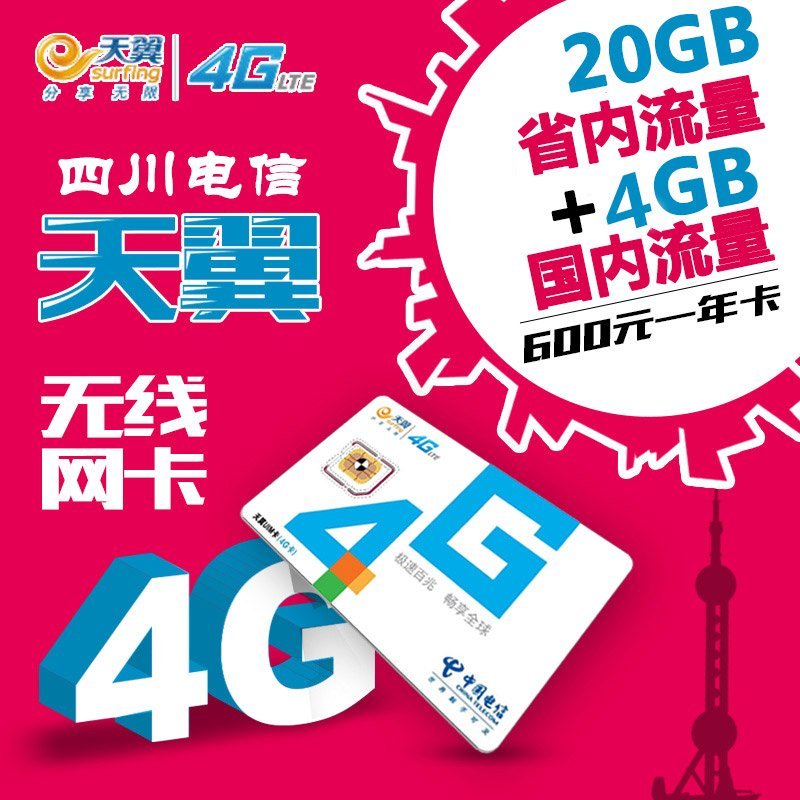 四川電信成都3G/4G通用年卡 24GB流量，低至1分錢的明智之選